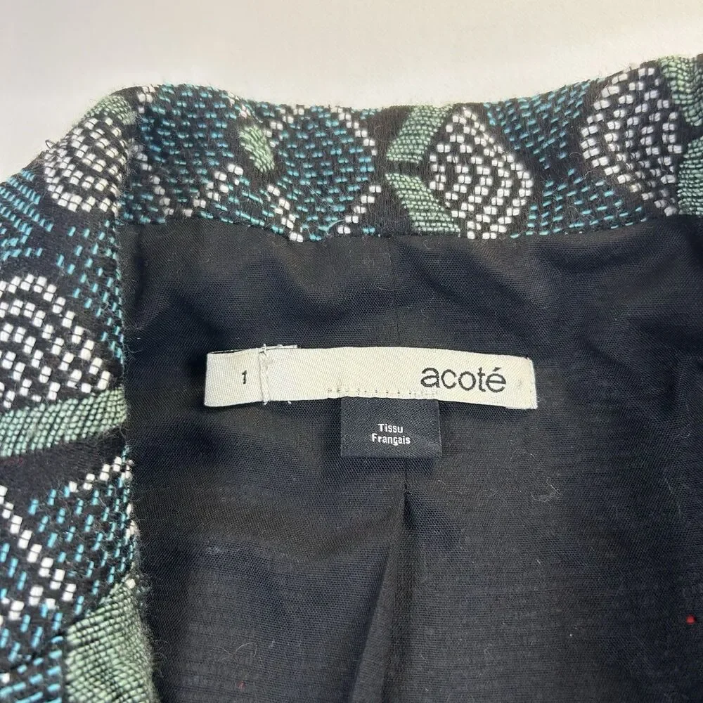 Acoté Anthropologie French Fabric Jacquard Blue Green Artsy Blazer Size 1 - XS-S